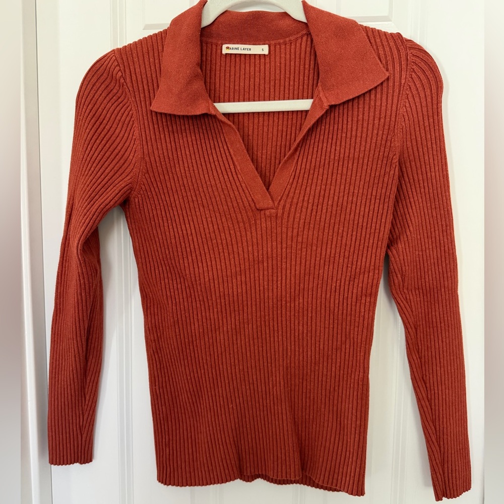 Marine Layer Ribbed Knit Collared Sweater Top – Rust Orange – Size Small - Picture 2 of 5